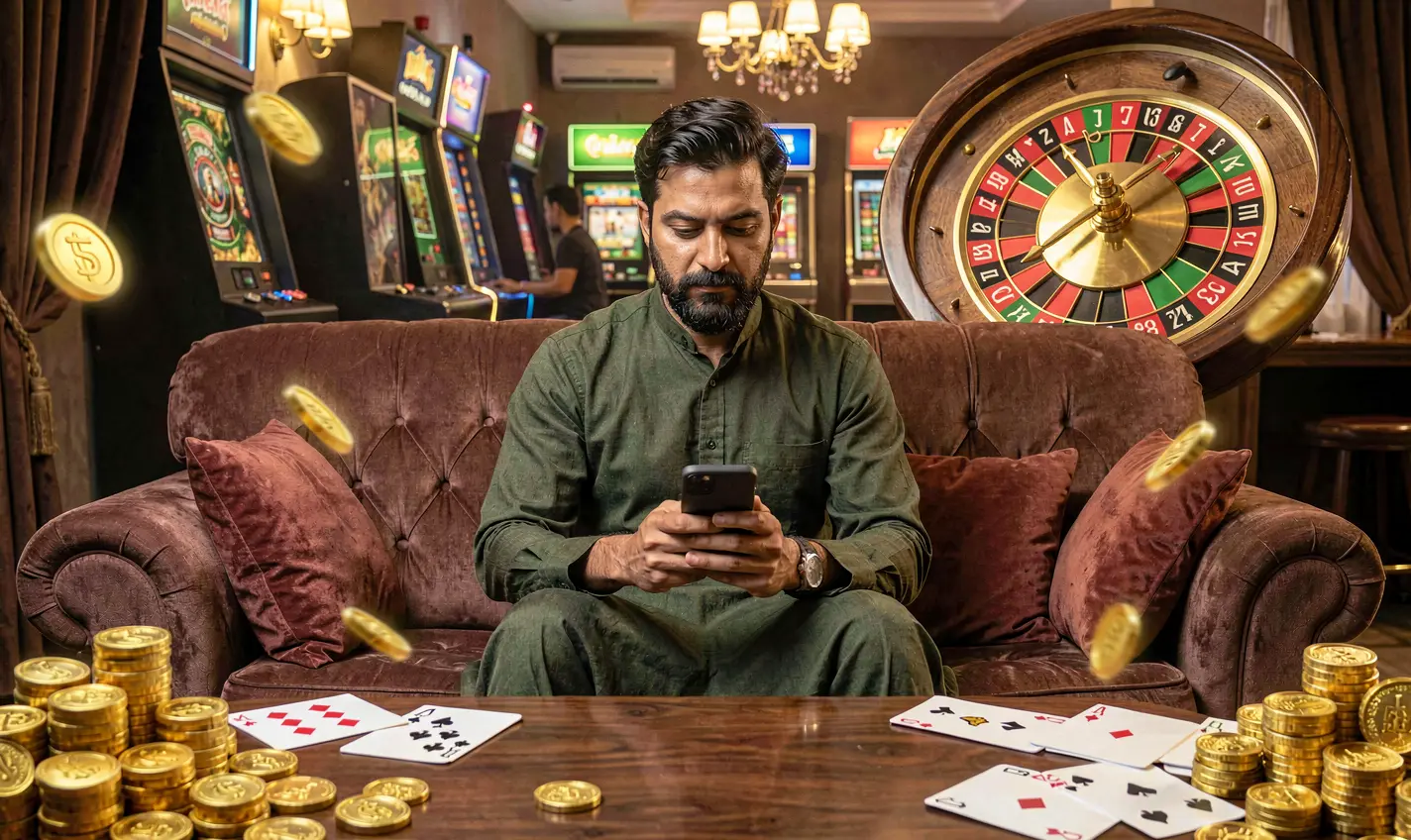 Pakistani player using the HC7777 casino app on his phone with floating gold coins roulette wheels and playing cards around him