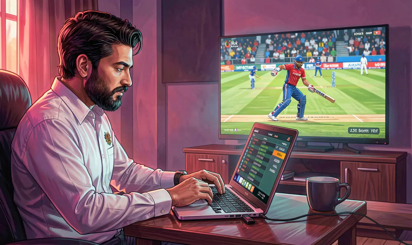 Experienced Pakistani bettor analyzing live cricket odds and statistics on a laptop during an intense betting session with HC7777