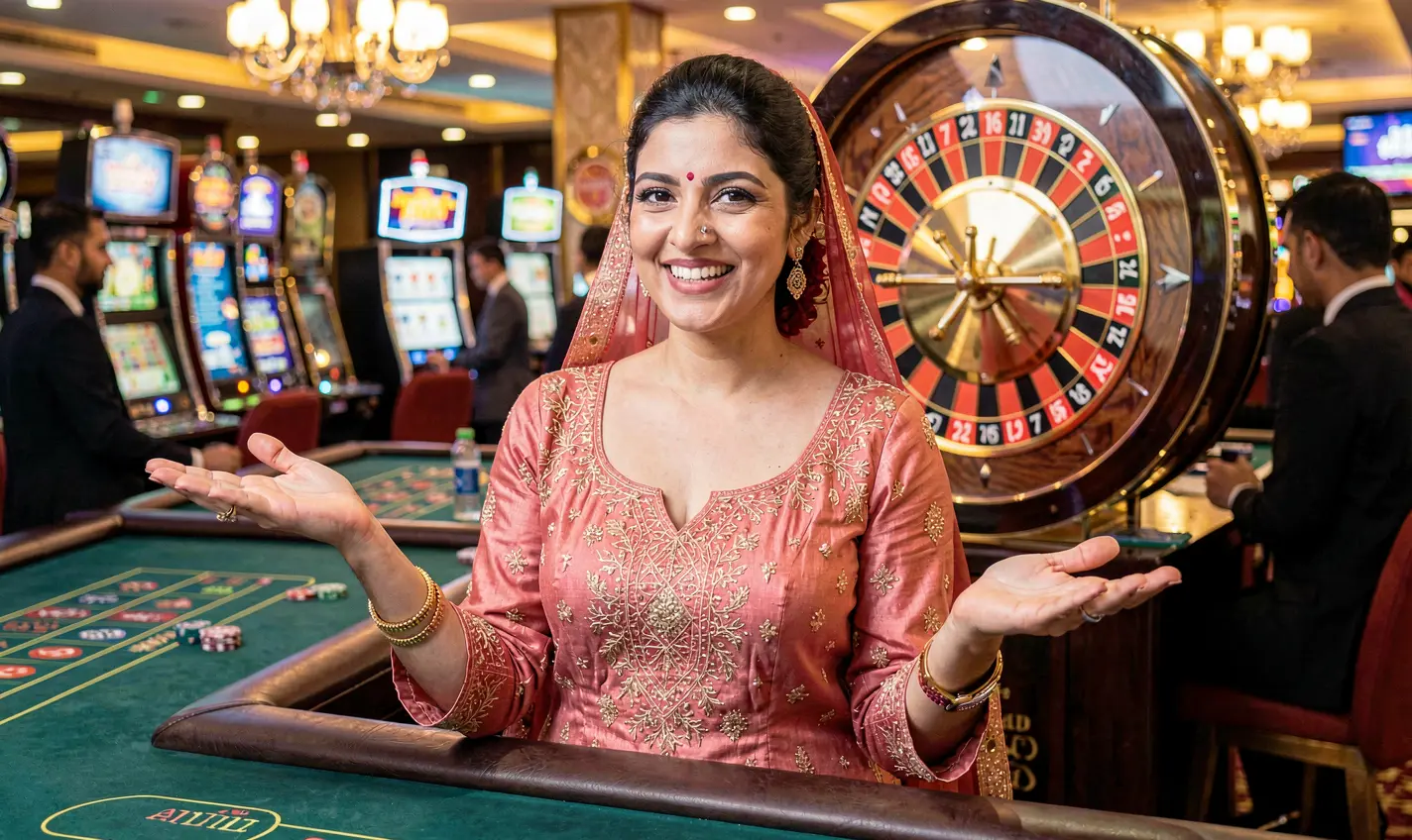 Stylish live casino dealer in a red dress presenting the gaming table with a glowing roulette wheel behind her symbolizing premium entertainment and rewards at HC7777 Pakistan