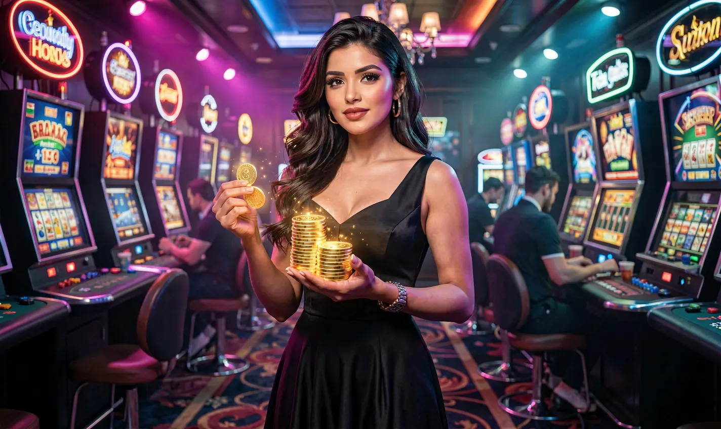Stylish Pakistani woman in a black evening outfit holding casino chips with neon lights behind her showcasing the premium online casino atmosphere of HC7777 in Pakistan