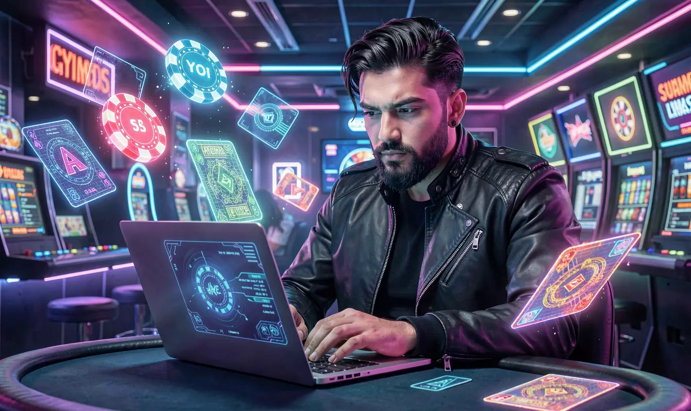 Modern casino gaming scene with a Pakistani player using a laptop surrounded by glowing cards and digital chips at HC7777 casino platform