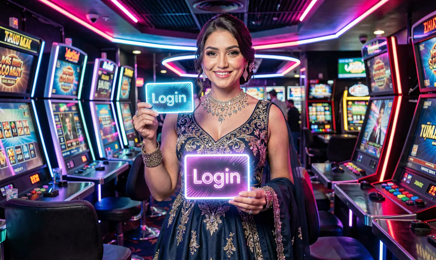 Glamorous Pakistani woman holding a glowing HC7777 login card in a luxury casino setting with neon lights and a cinematic atmosphere