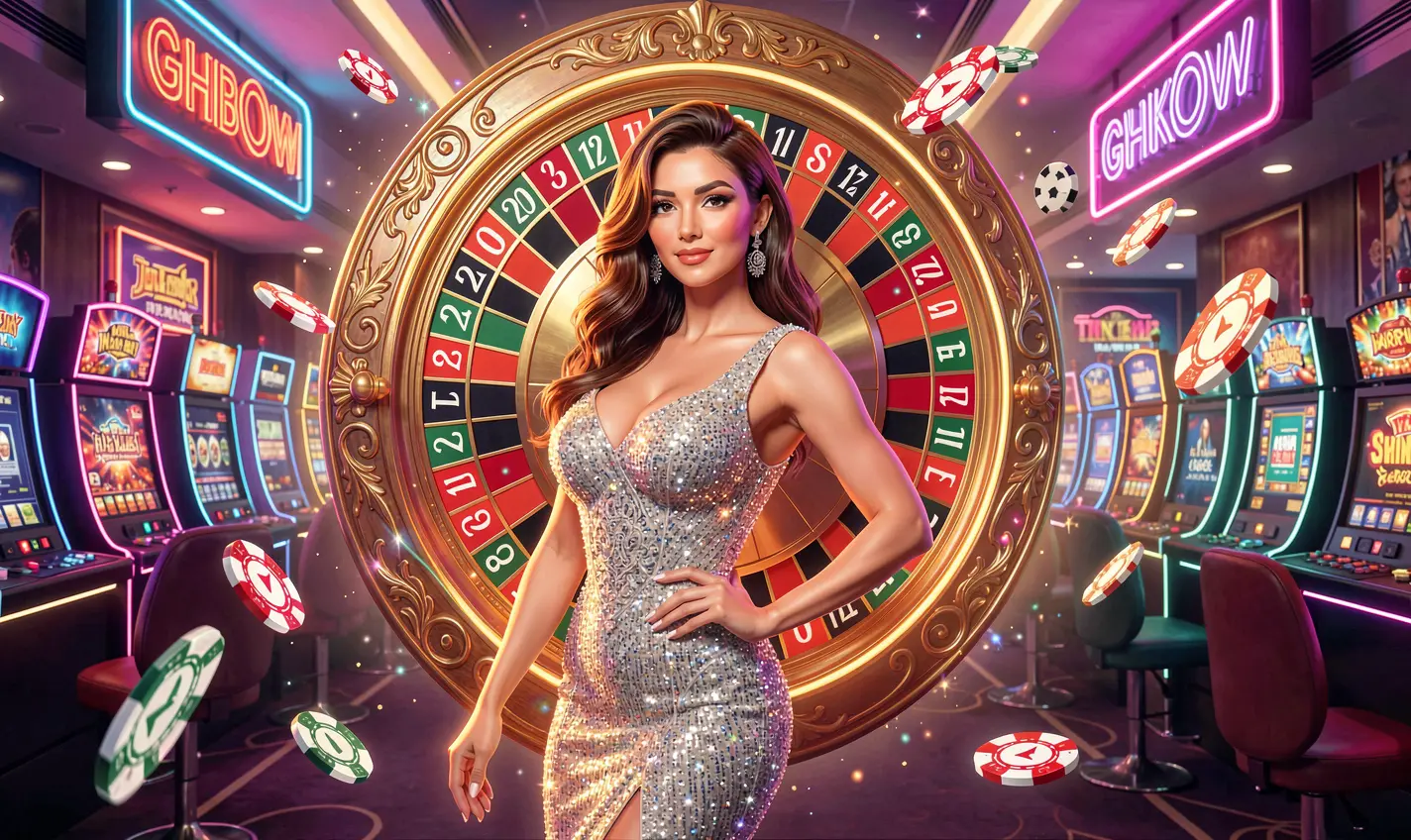 A glamorous woman in a sparkling evening dress posing in front of a glowing roulette wheel with flying casino chips symbolizing luxury gaming at HC7777 Pakistan