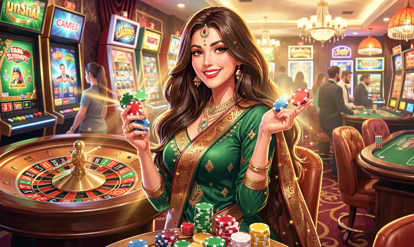Elegant Pakistani female casino host presenting live roulette with confidence and style at HC7777 online casino platform