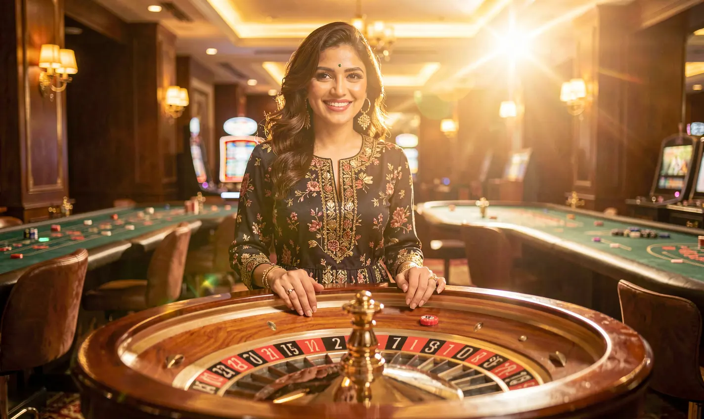 Elegant live casino dealer with a warm smile in a luxurious studio with glowing roulette lights representing the premium HC7777 live casino experience in Pakistan