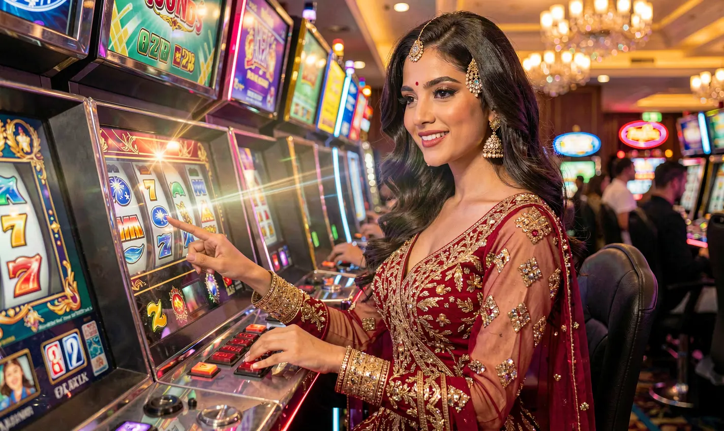 Elegant female player surrounded by colorful slot machines and casino lights highlighting the immersive gaming atmosphere of HC7777 casino in Pakistan